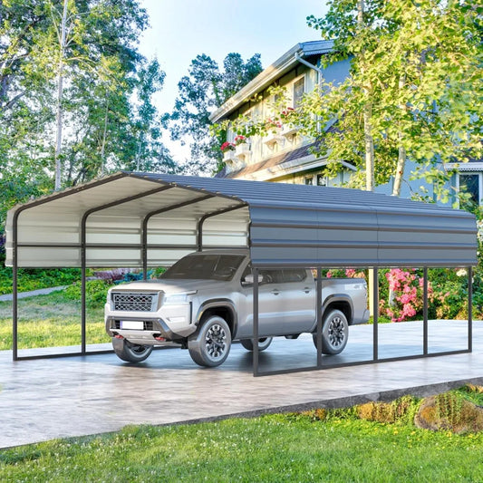 12 X 20 FT Carport with Galvanized Metal Roof and Frame Easy Assembly Car Shed with Enhanced Base Expanding Garage Space - Jimmys Supplies