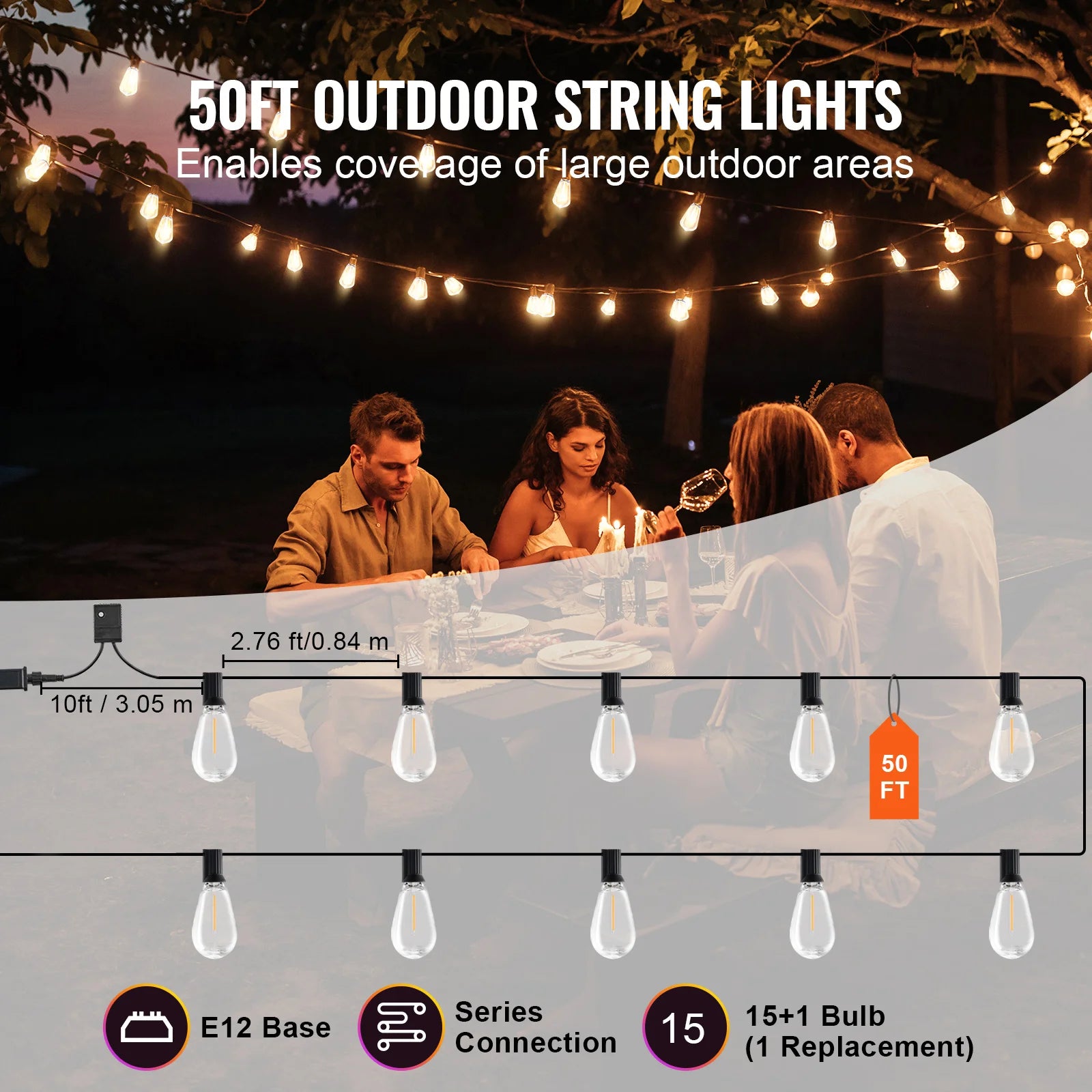 VEVOR LED Outdoor String Lights 2700K Dimmable Waterproof - Jimmys Supplies