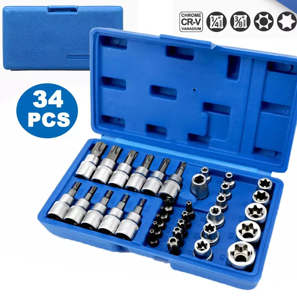34Pcs Torx Star Sockets & Bit Set Male Female E-Security Bits - Jimmys Supplies