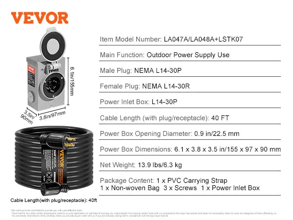 SucceBuy 30 Amp Generator Cord and Power Inlet Box Kit NEMA L14-30P/L14-30R STW 10AWG Cord with Lock Connector for RV Outdoor