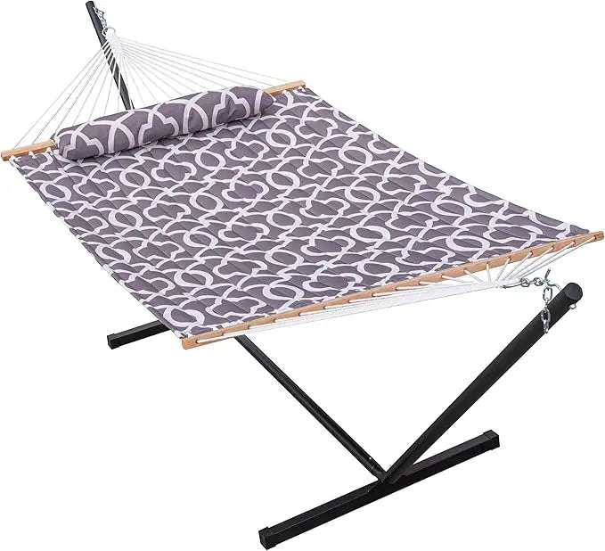 Quilted Fabric Hammock with 12 Feet Stand Double Hammock for Two People Outdoor Indoor Patio Garden - Jimmys Supplies