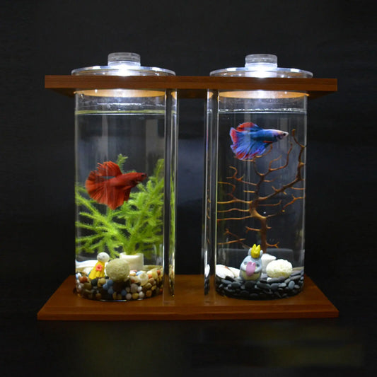 Glass Betta Fish Tank Bamboo Base Mini Aquarium For Desktop - Jimmys Supplies