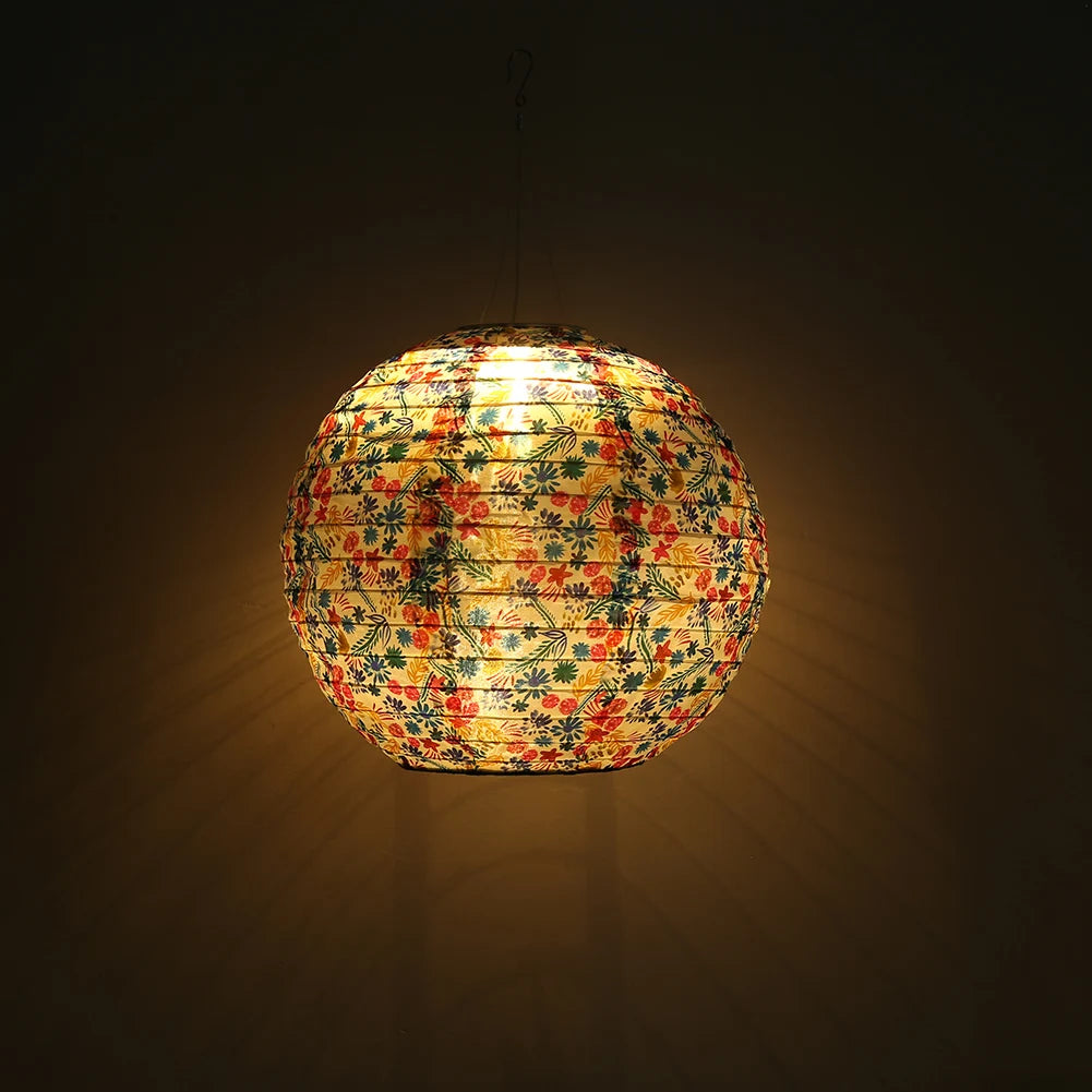 12 inch LED Solar Chinese Lantern Round Ball Printed Decorative Lantern Hanging for Home Yard Park Lighting Outdoor Decor - Jimmys Supplies