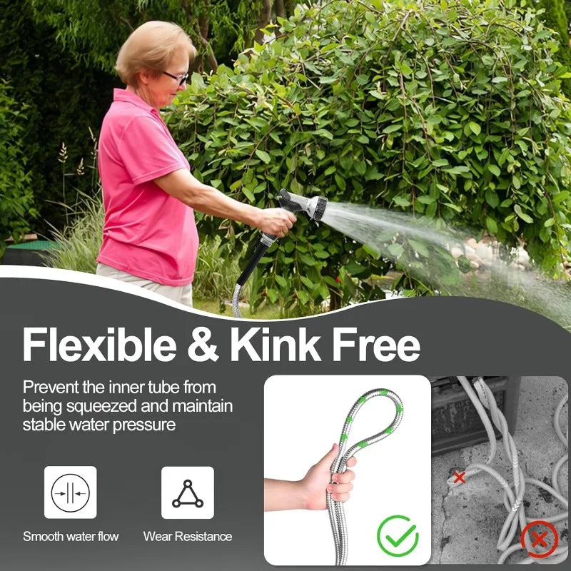 Heavy Duty Water Pipe with Nozzles for Yard, Outdoor - Flexible, Never Kink & Tangle