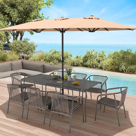 15ft Patio Umbrella with Base Included, Extra Large Shade Area, Double Sided Rectangle with Crank Handle for Poolside, Beige