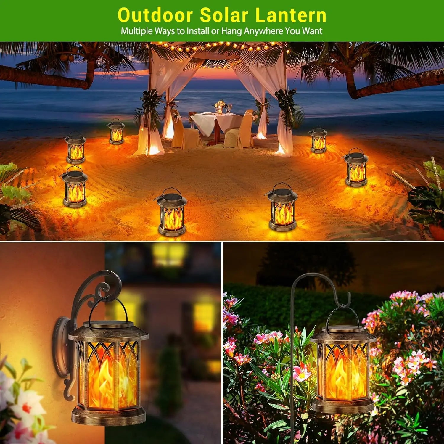 2 Pack Upgraded Flickering Flame Solar Lanterns Lights Outdoor - Jimmys Supplies