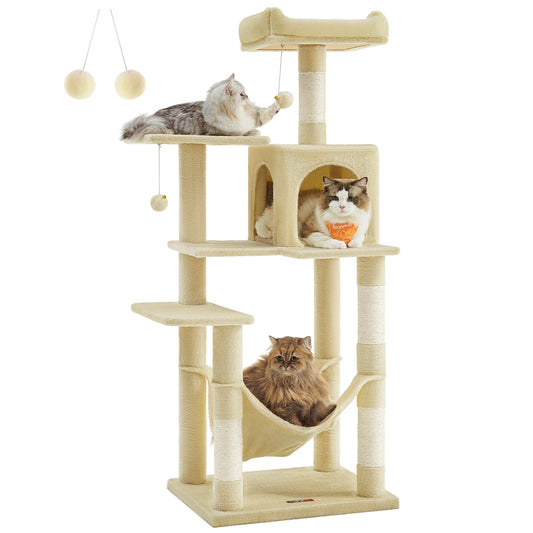 Feandrea Cat Tree, 56.3-Inch Cat Tower for Indoor Cats, Multi-Level Cat Condo with 4 Scratching Posts, 2 Perches, Hammock, Cave - Jimmys Supplies