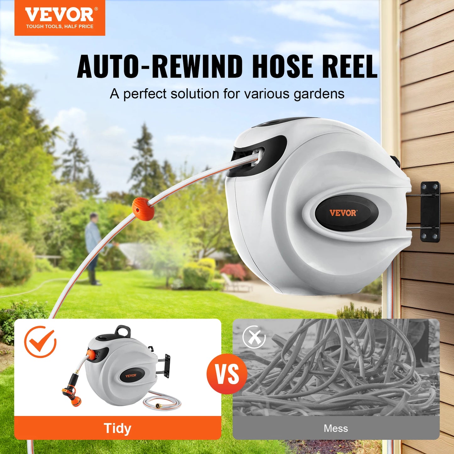 SucceBuy Retractable Hose Reel 180° Swivel Bracket Wall-Mounted Garden Water Hose Reel with 9-Pattern Nozzle Automatic Rewind