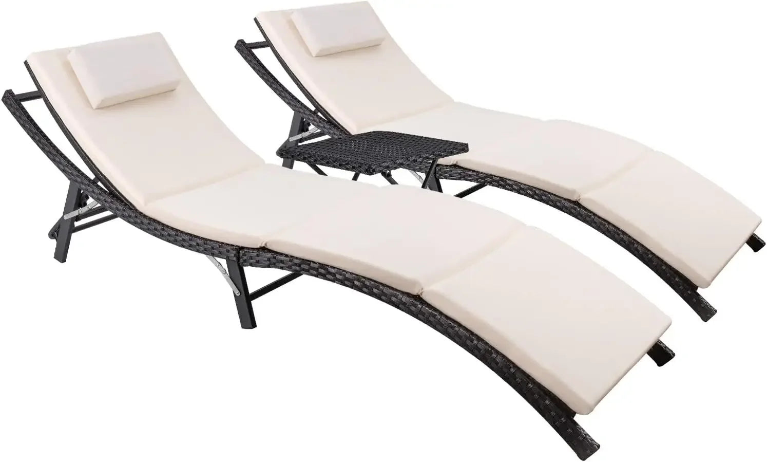 Patio Chaise Lounge Sets Outdoor Rattan Adjustable Back 3 Pieces Cushioned Patio Folding Chaise Lounge with Folding Table - Jimmys Supplies