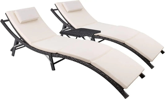 Patio Chaise Lounge Sets Outdoor Rattan Adjustable Back 3 Pieces Cushioned Patio Folding Chaise Lounge with Folding Table - Jimmys Supplies