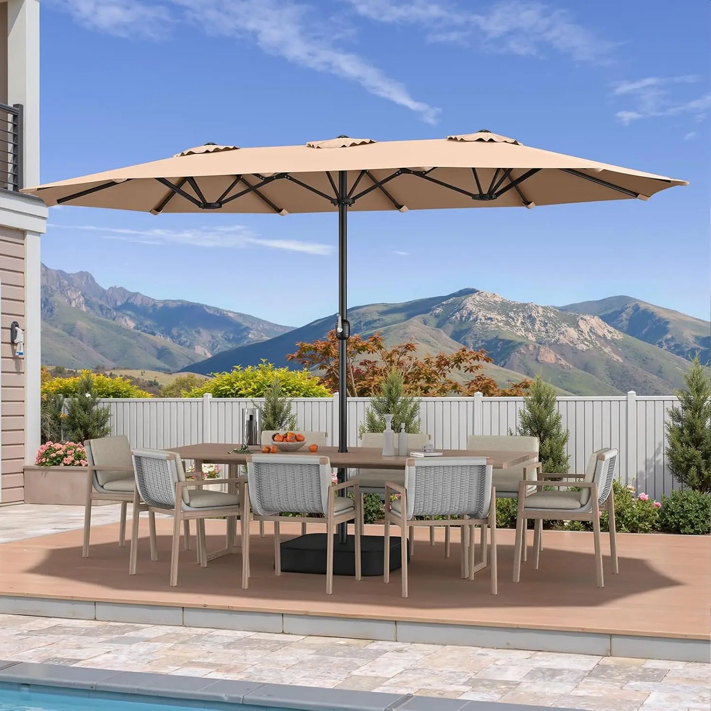 15ft Patio Umbrella with Base Included, Extra Large Shade Area, Double Sided Rectangle with Crank Handle for Poolside, Beige