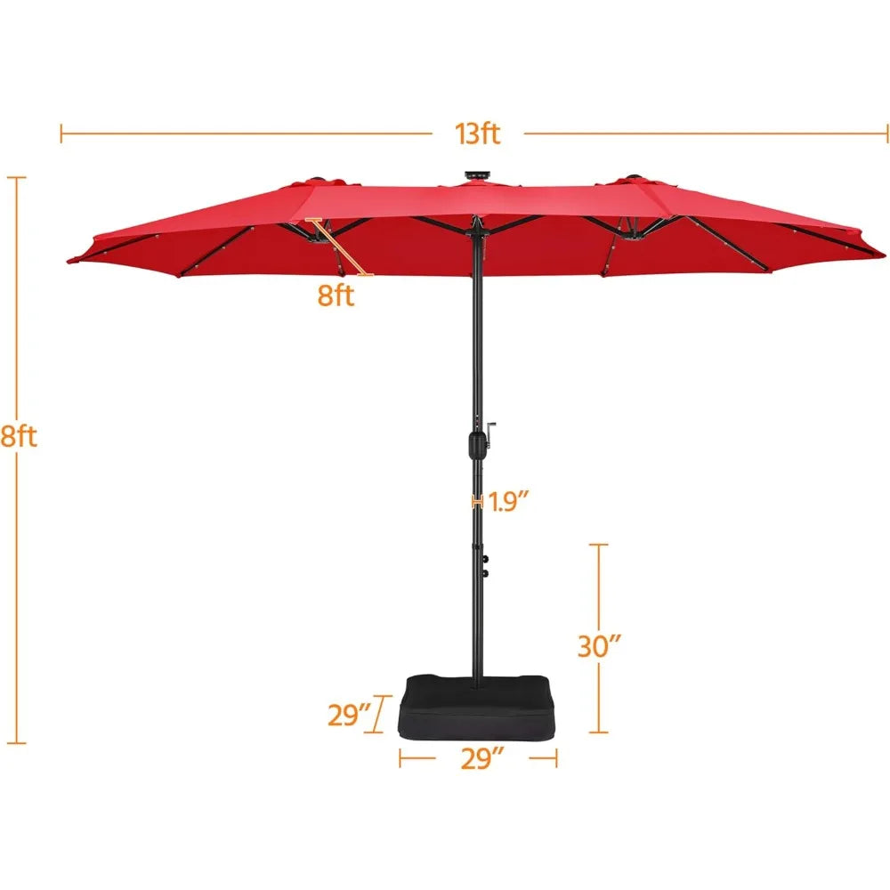 13 ft Large Patio Umbrella with Solar Lights Double-Sided Outdoor Rectangle Market Umbrellas with 36 LED Lights/Base Included/E