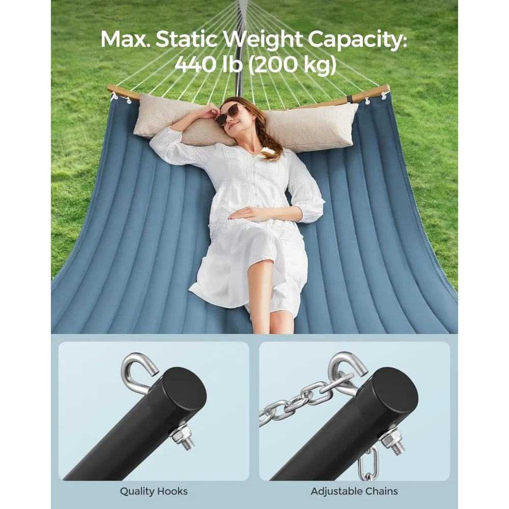 Hammock with Stand, Quilted Hammock with Curved Bamboo Spreaders, Pillow, 78.7 x 55.1 Inches, Portable Padded Hammock Holds up