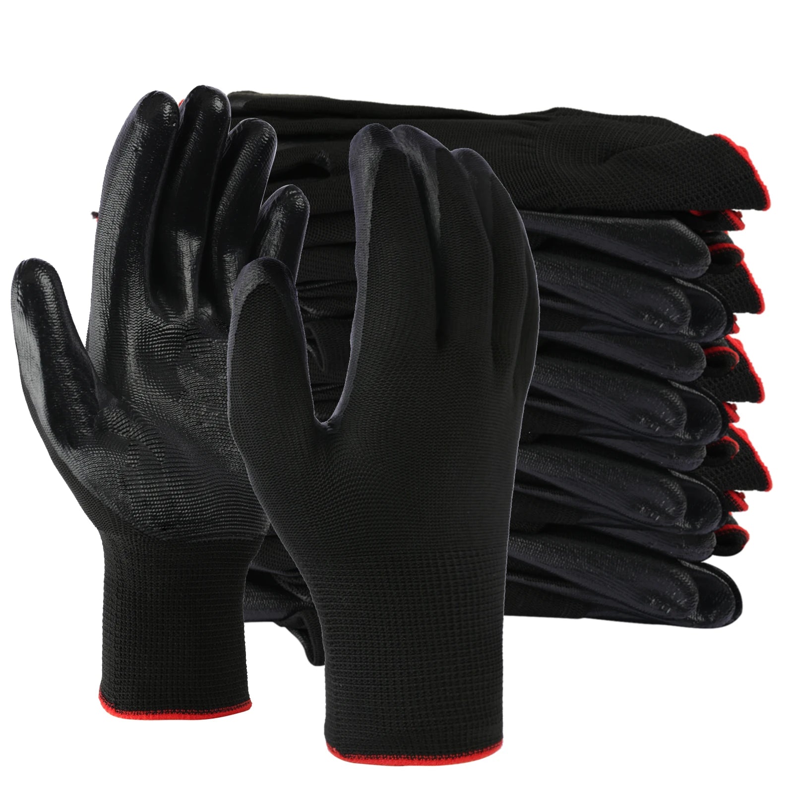 12Pairs Garden Man Safety Gloves With Knitted Red Nylon Dipped PU Nitrile Coated Palm Security Protective Work Gloves - Jimmys Supplies