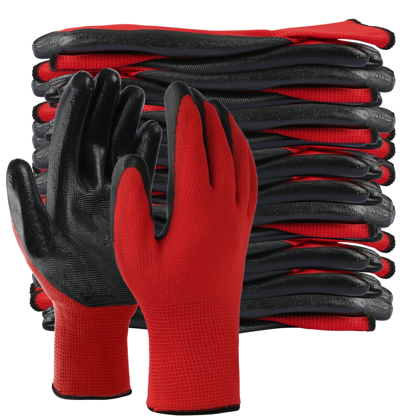 12Pairs Garden Man Safety Gloves With Knitted Red Nylon Dipped PU Nitrile Coated Palm Security Protective Work Gloves - Jimmys Supplies