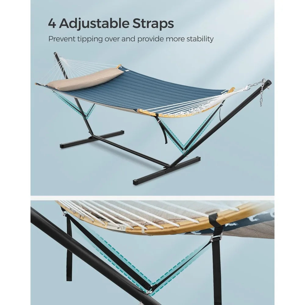 Hammock with Stand, Quilted Hammock with Curved Bamboo Spreaders, Pillow, 78.7 x 55.1 Inches, Portable Padded Hammock Holds up