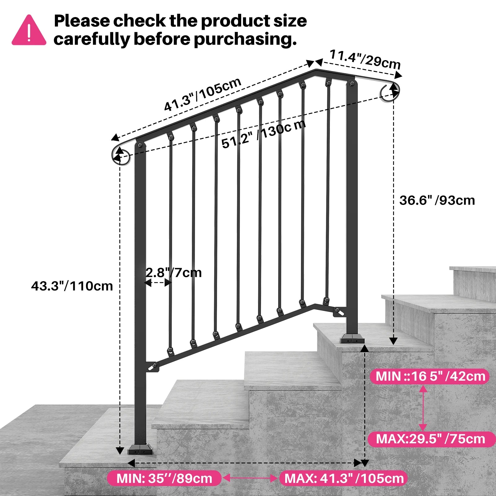 REDLIFE Handrails for Outdoor Steps Fit 2-4 Steps Outdoor Stair Railing，Wrought Iron Handrail for Concrete Steps & Wooden Stairs - Jimmys Supplies