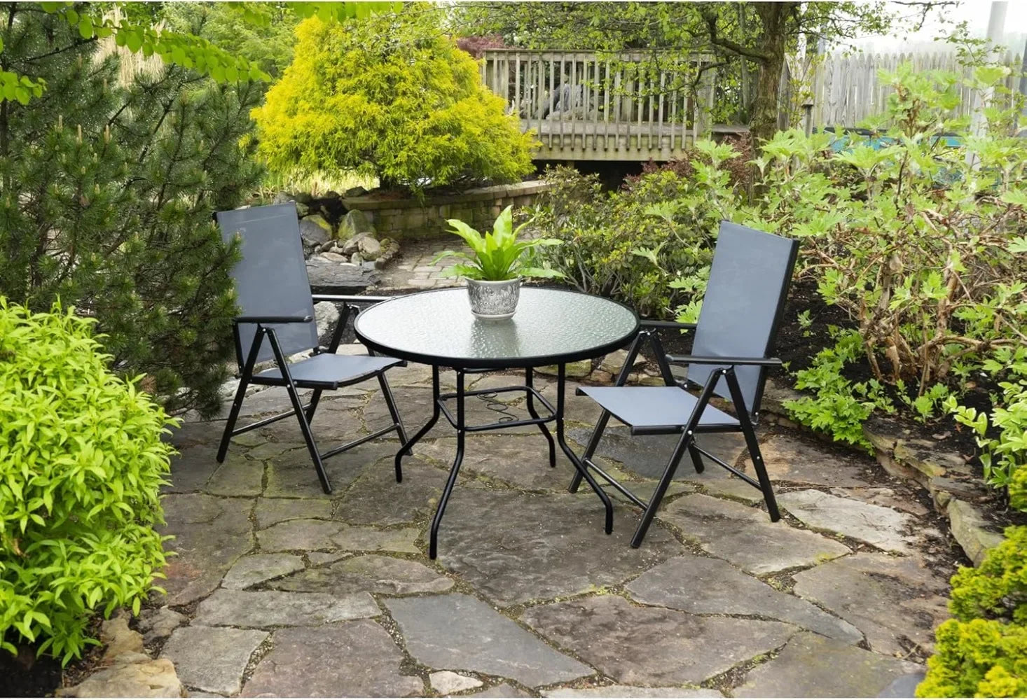 Garden Elements Outdoor Steel Dining Table Patio Furniture, Round Waterwave Glass Top, Black, 40" - Jimmys Supplies