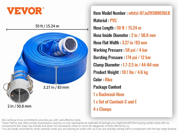 SucceBuy Pool Drain Hose 2 inch by 50ft Durable PVC Material  Clamps Fits Pumps Sand Filters Ideal for Pool Water Removal