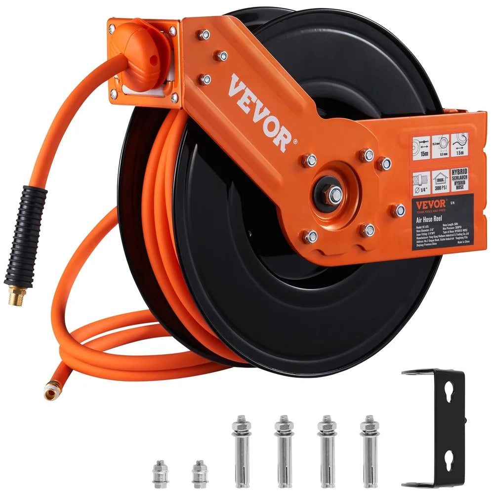 Retractable Air Hose Reel 3/8in x 50ft 300PSI Auto-Rewind with 180° Mount Garage Workshop Air Compressor Heavy Duty
