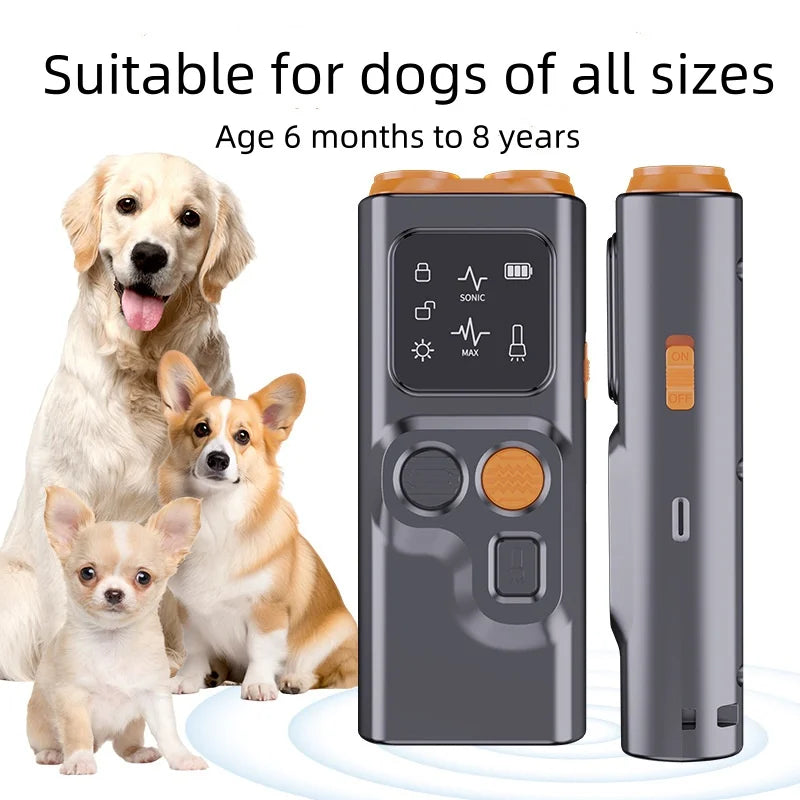 The new ultrasonic dog repeller has a screen bark stopper illumination, a flashing light, and a distress light