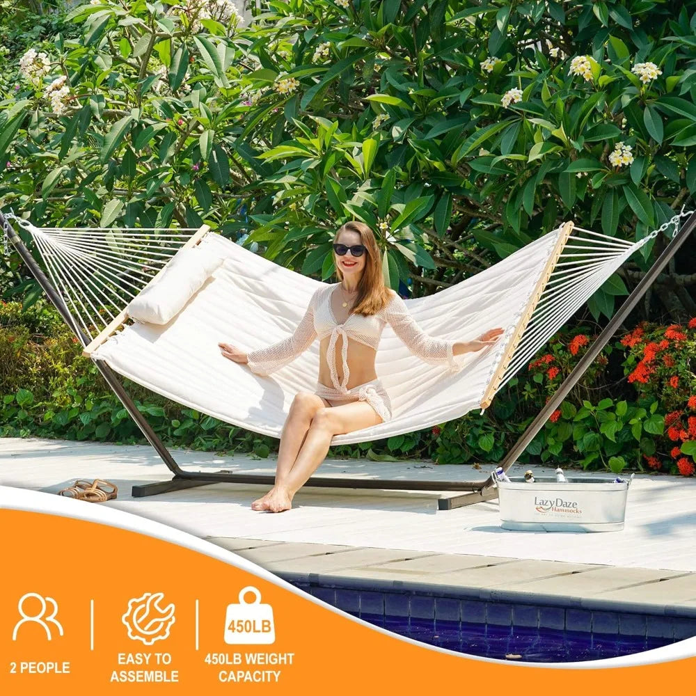 Quilted Fabric Hammock with 12 Feet Stand Double Hammock for Two People Indoor Outdoor Patio Garden - Jimmys Supplies