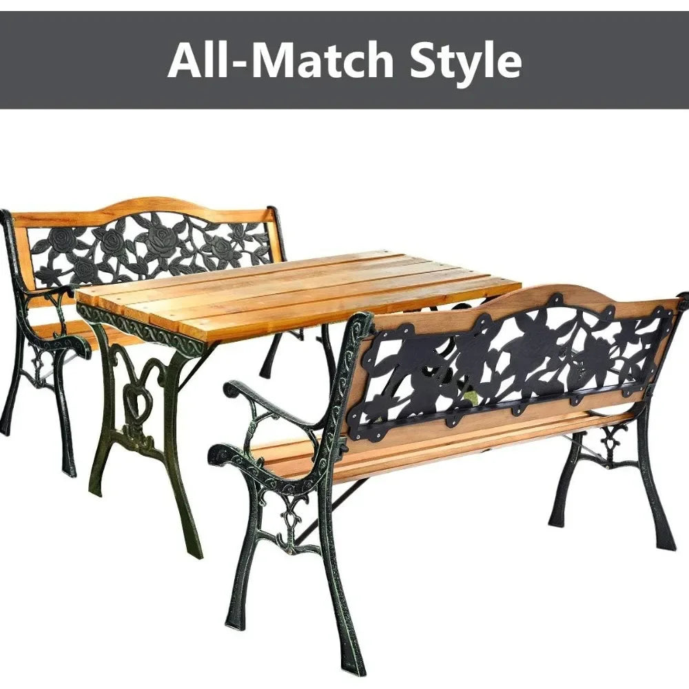 Patio Bench Outdoor Furniture Rose Cast Iron Hardwood Frame Porch Loveseat Weather Proof Porch Path Chair - Jimmys Supplies