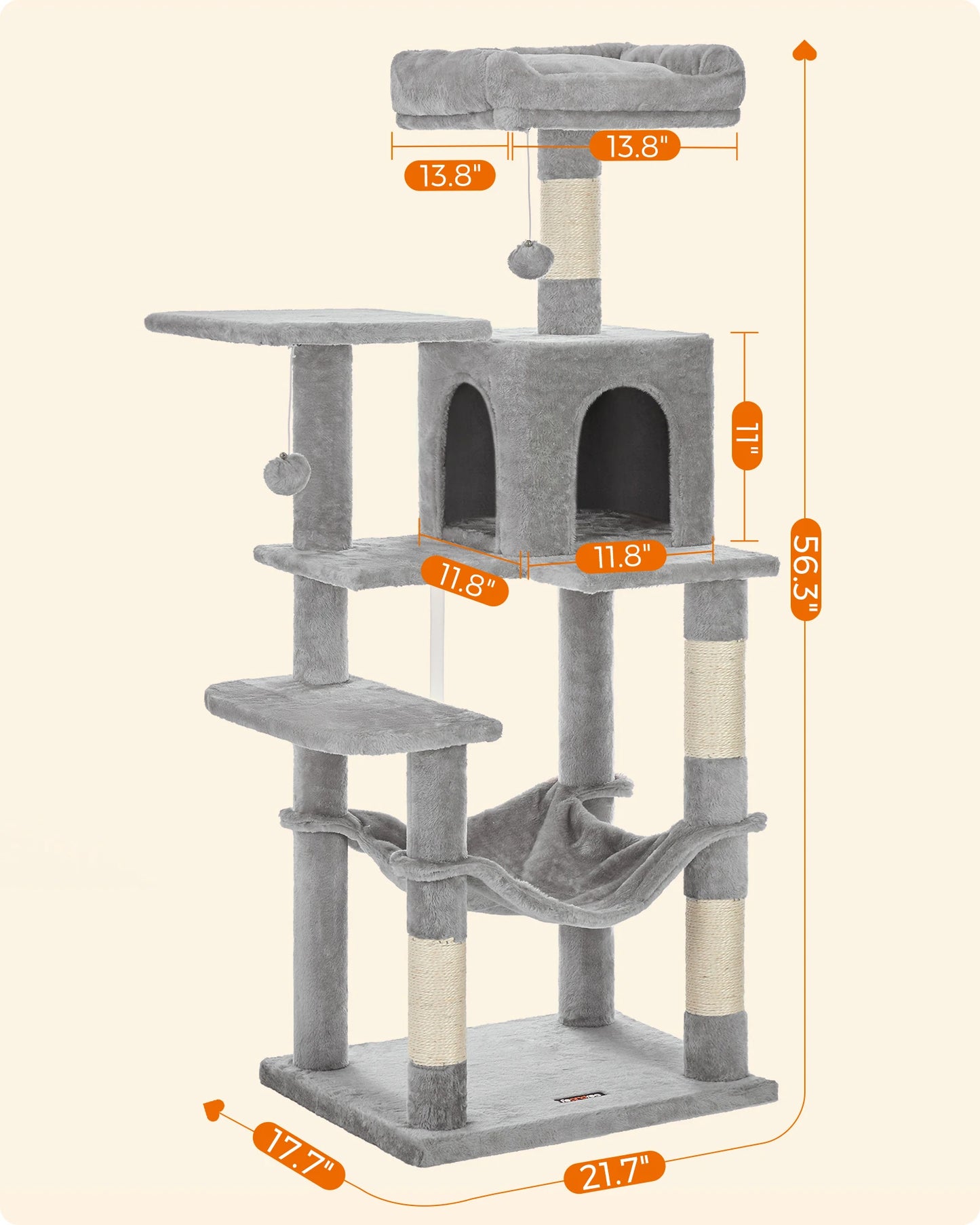 Feandrea Cat Tree, 56.3-Inch Cat Tower for Indoor Cats, Multi-Level Cat Condo with 4 Scratching Posts, 2 Perches, Hammock, Cave - Jimmys Supplies