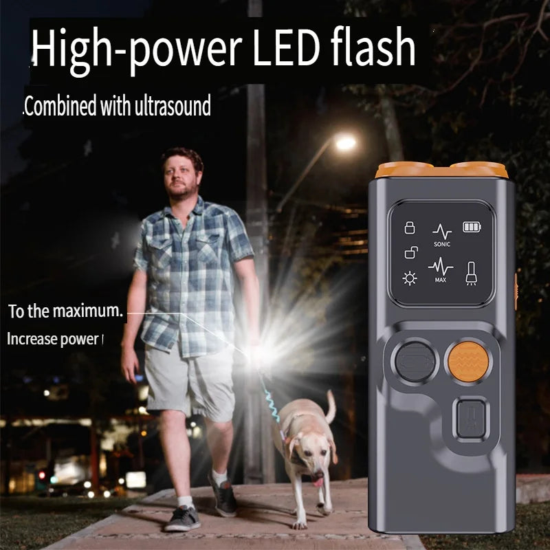 The new ultrasonic dog repeller has a screen bark stopper illumination, a flashing light, and a distress light