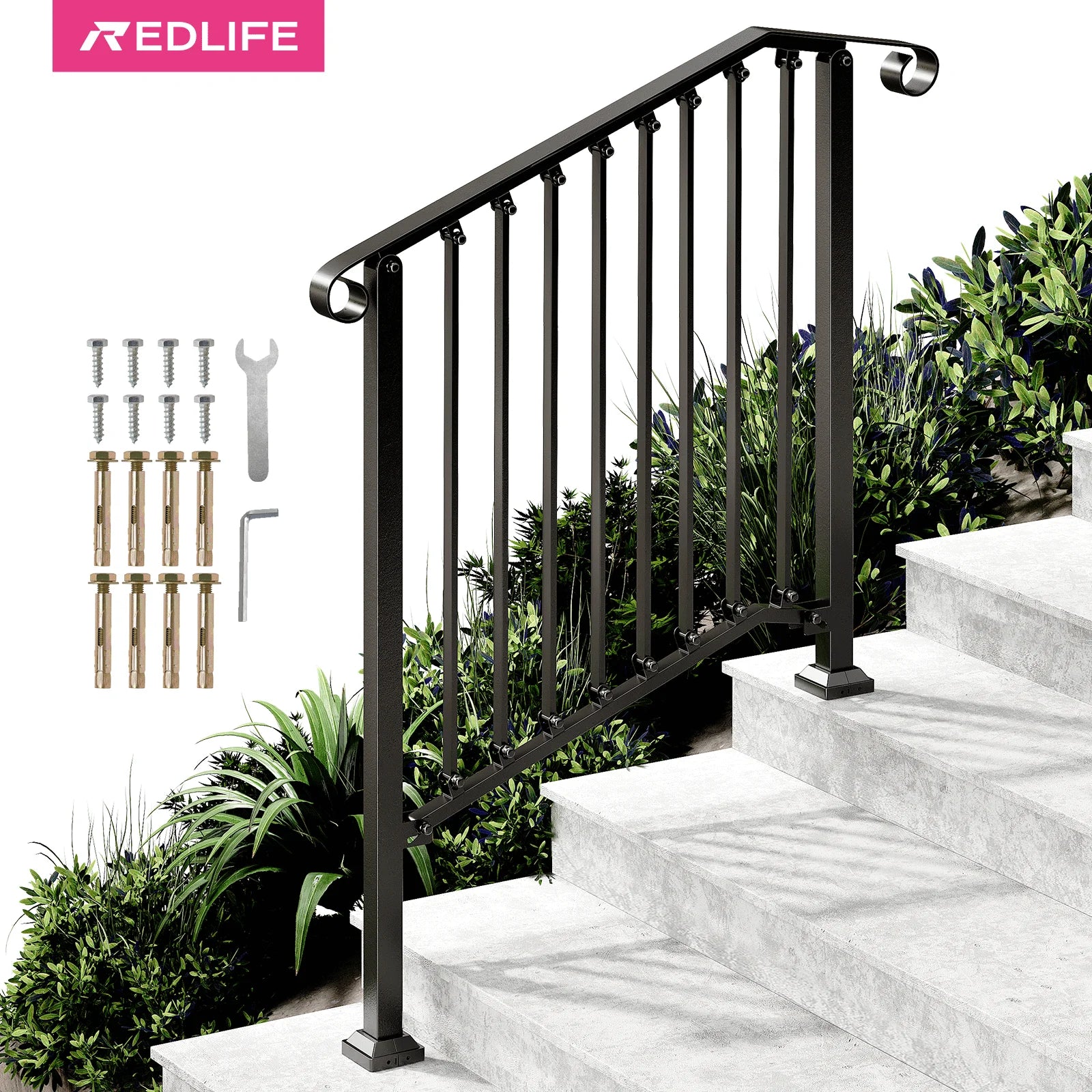 REDLIFE Handrails for Outdoor Steps Fit 2-4 Steps Outdoor Stair Railing，Wrought Iron Handrail for Concrete Steps & Wooden Stairs - Jimmys Supplies