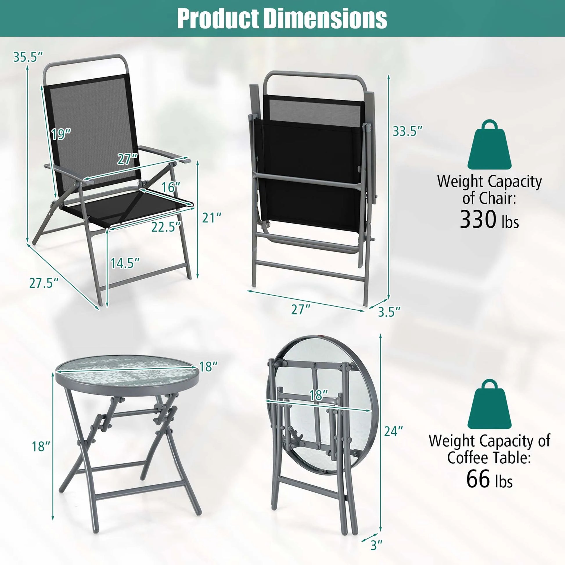 3pcs Patio Folding Table Chair Set Extra-Large Seat Metal Frame Portable Outdoor - Jimmys Supplies