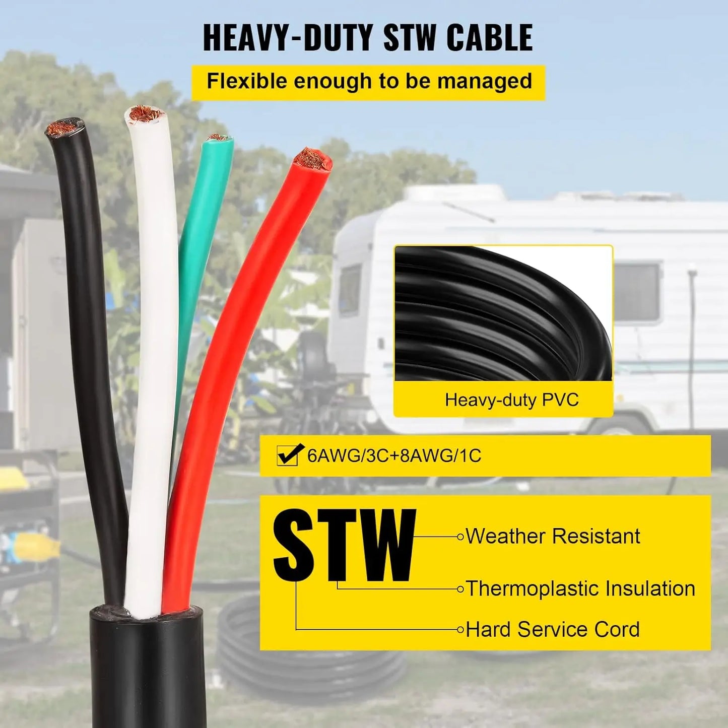 50FT 50Amp Generator Extension Cord 6 Gauge STW 6/3+8/1 RV Power Cord NEMA 14-50P to Bare Wire
