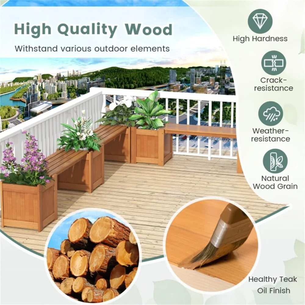 Wooden Bench with Planter Box Outdoor Garden Seat Durable Weatherproof Teak Oil Finish Deep Planters Detachable Bench 330 lbs We