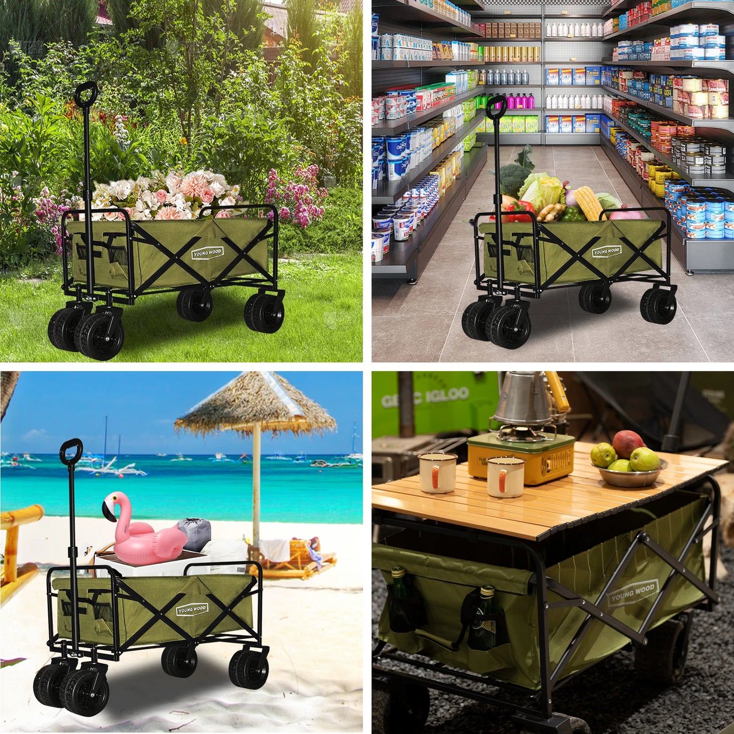 Green Camping Cart Outdoor Practical Convenient Spacious Stable Lightweight Foldable Compact in Size Suitable for Family Gatheri