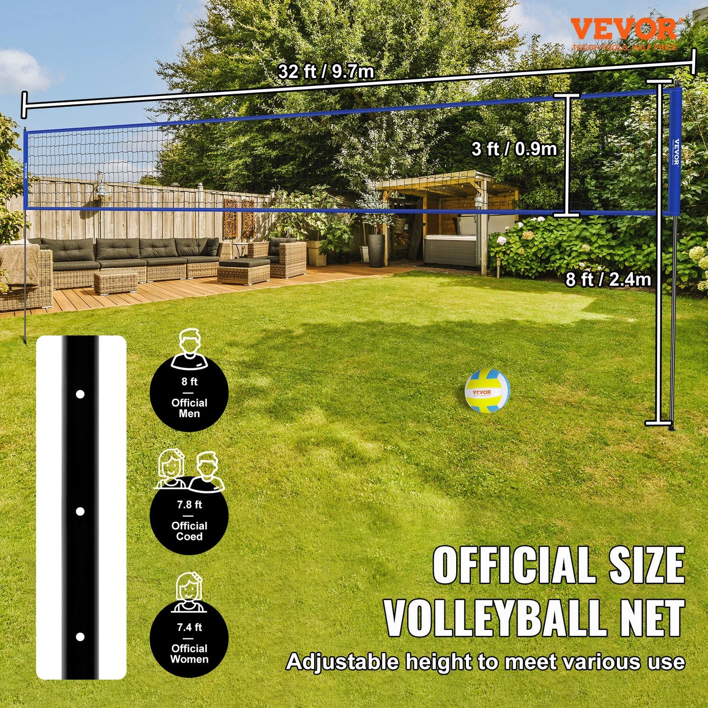 VEVOR Outdoor Volleyball Net System Adjustable Height Steel Poles with PVC Volleyball Pump Carrying Bag for Backyard Beach Lawn - Jimmys Supplies
