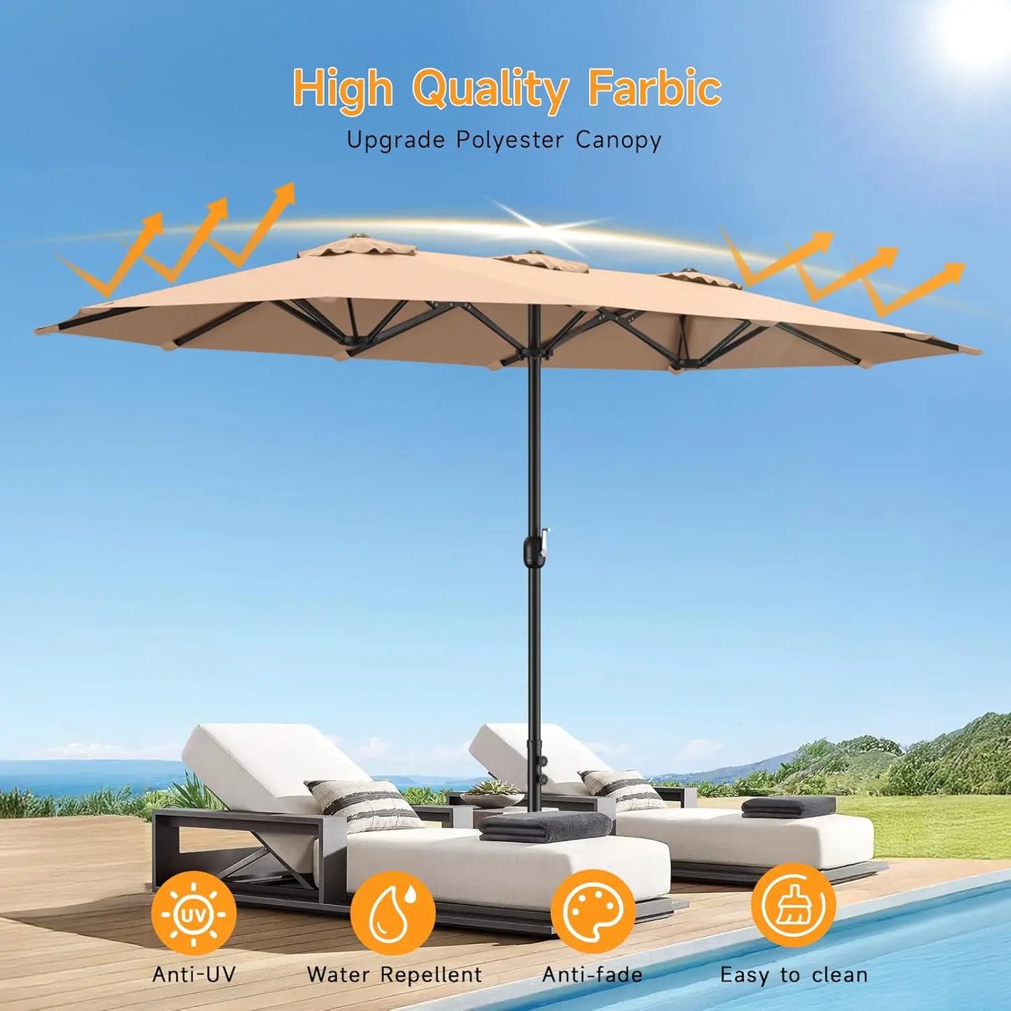 15ft Patio Umbrella with Base Included, Extra Large Shade Area, Double Sided Rectangle with Crank Handle for Poolside, Beige