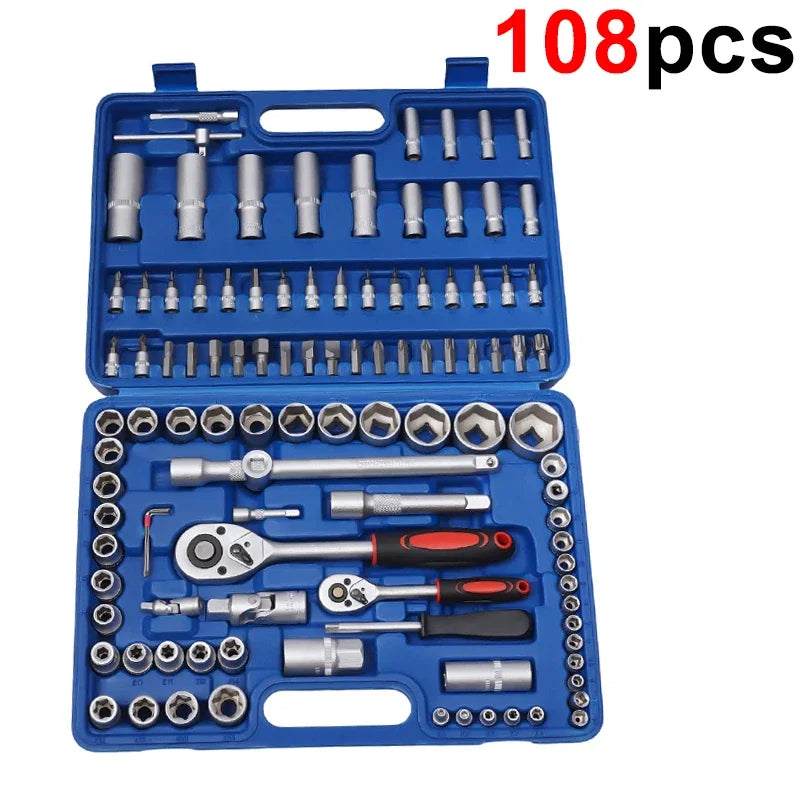 EAFC 108Pcs/94Pcs Multi Function Car Socket Ratchet Wrench Wheel Auto Mechanic Manual Torque Tool Kit Home Repair Tool Box Auto