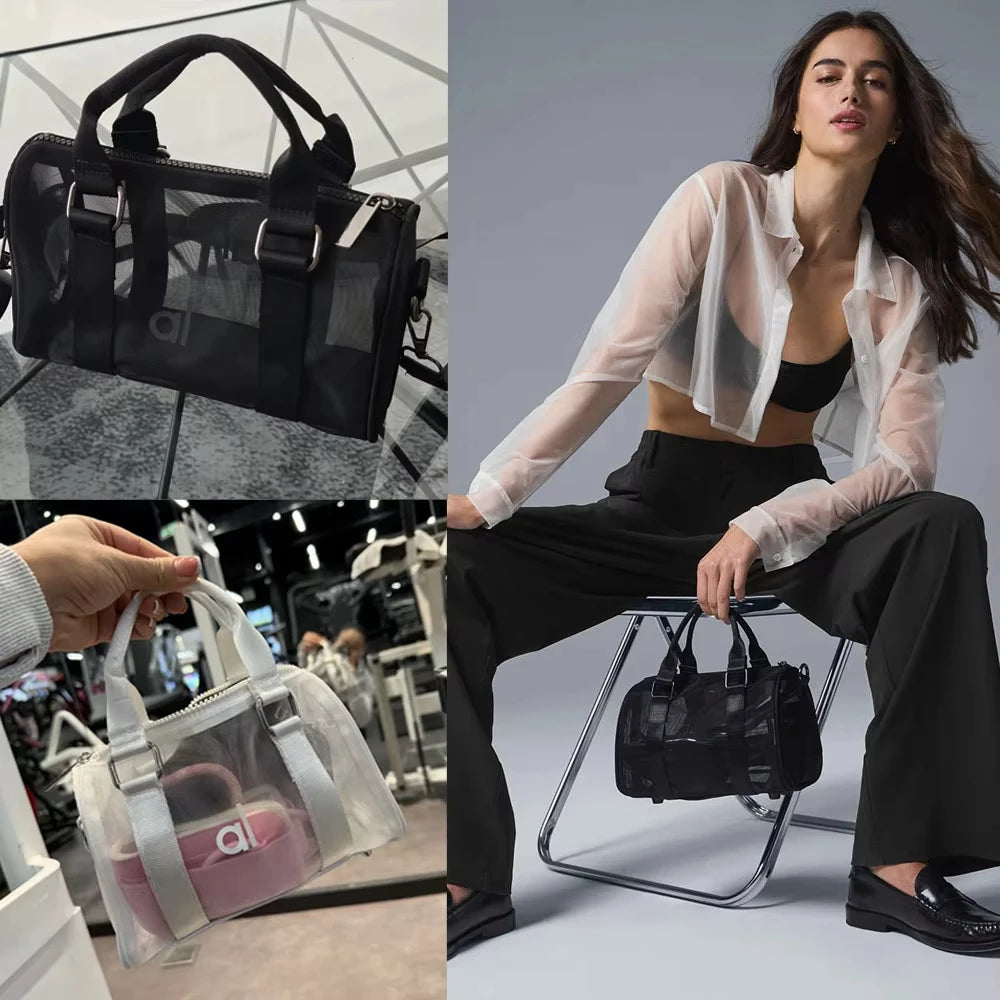 AL Women's Mini Sheer Duffle Trend Luxury Genuine Mesh Surface Shoulder Bag New Zipper Handheld Crossbody Small Bag - Jimmys Supplies