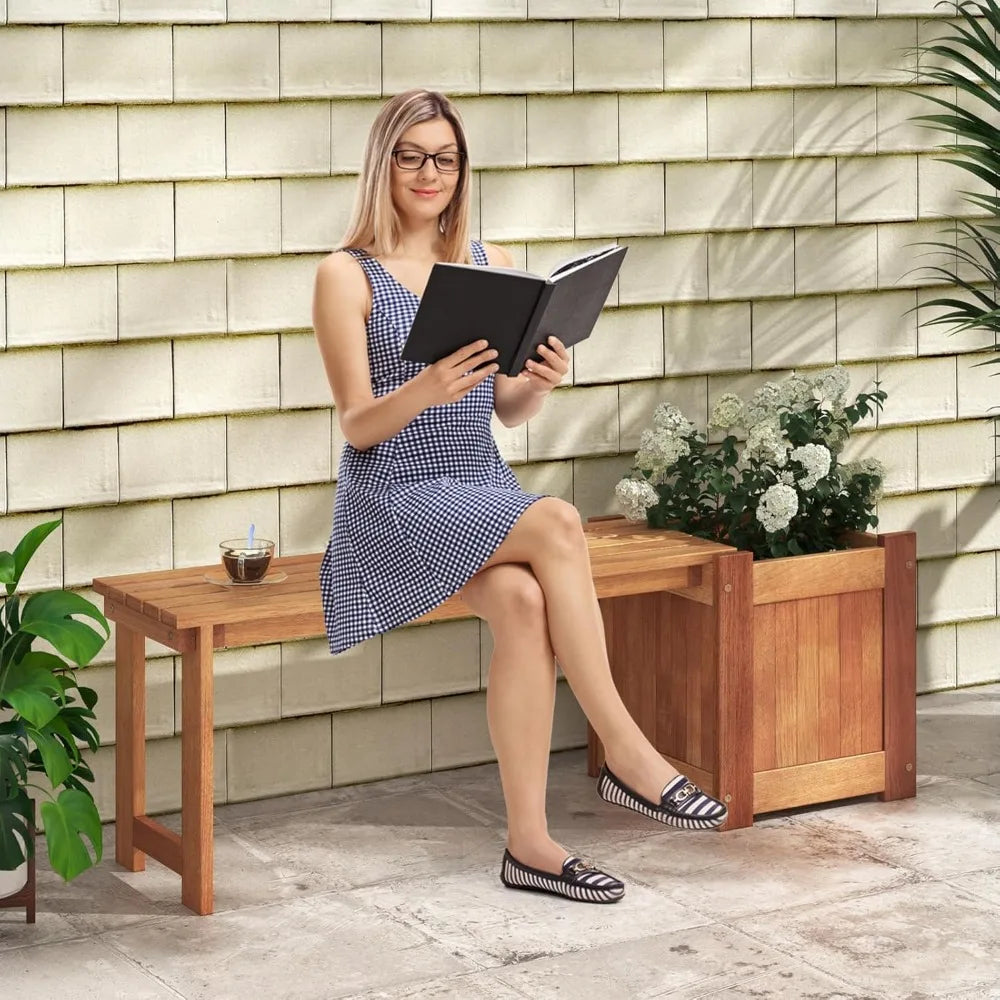 Set of 2 Outdoor Bench with Raised Garden Beds, 4-in-1 Wood Seat with Teak Oil Finish, Planter Boxes with Open-Ended Base, Gard