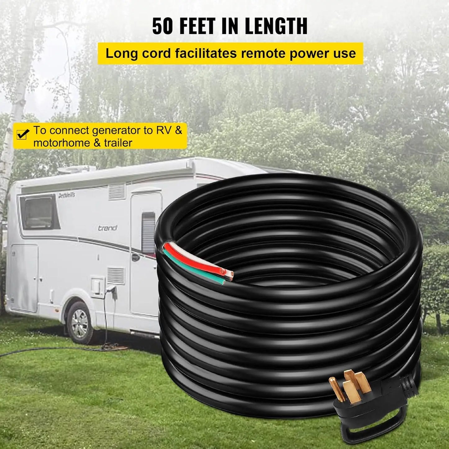 50FT 50Amp Generator Extension Cord 6 Gauge STW 6/3+8/1 RV Power Cord NEMA 14-50P to Bare Wire