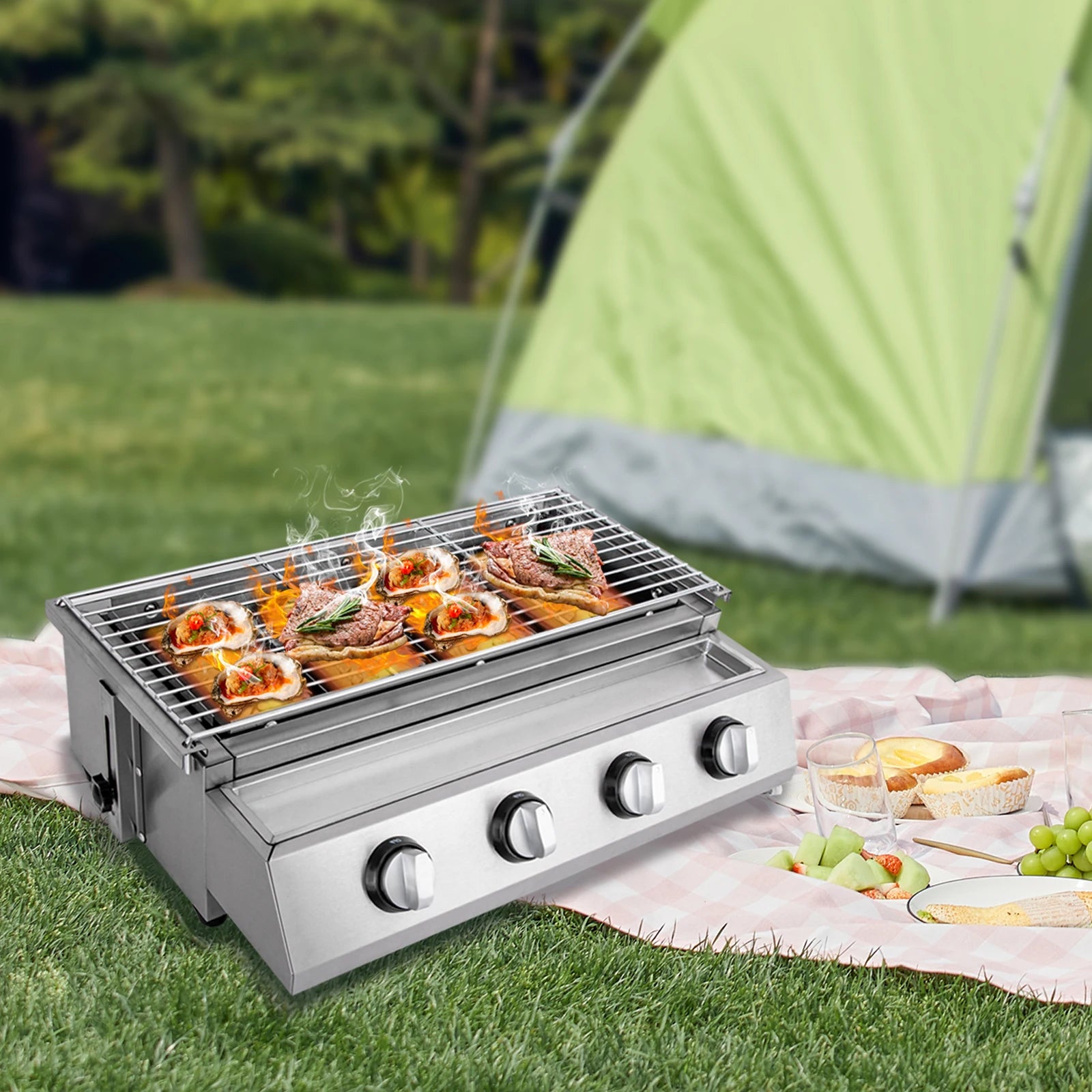 Stainless Steel Smokeless Barbecue Grill 4 Burners LPG Gas Grill Roaster Portable BBQ Grill Removable for Outdoor Patio Garden - Jimmys Supplies