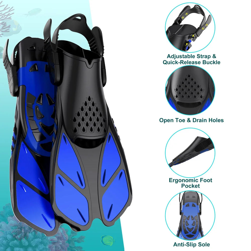 Adjustable Snorkel Fins with Buckles Short Silicone Swimming Flippers Open Heel Travel Size for Adults Men and Women - Jimmys Supplies