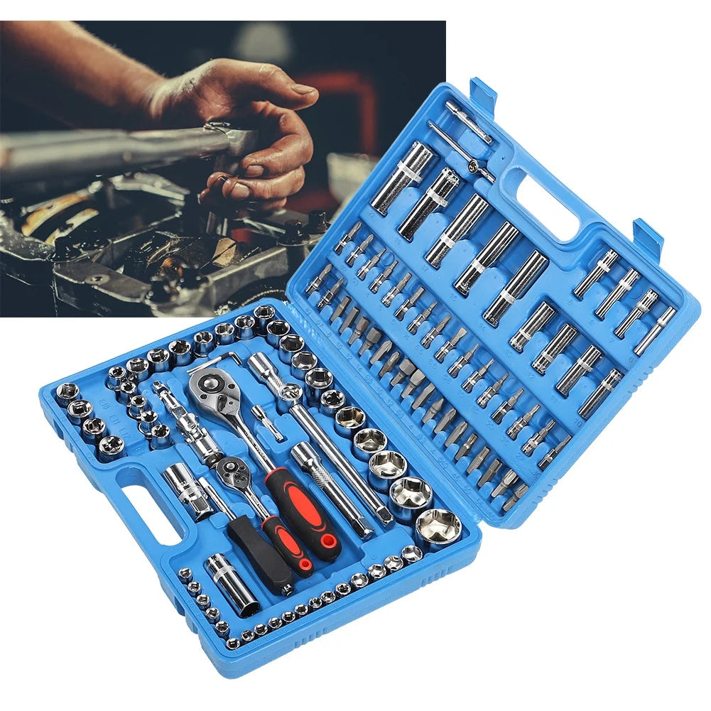 108Pcs Ratchet Wrench Set 1/4in 1/2in CR40 Steel Socket Set Tool Case Box Hand Tool Kits