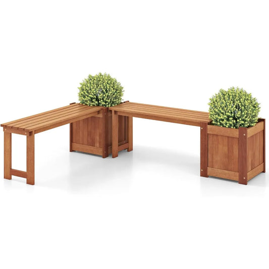 Set of 2 Outdoor Bench with Raised Garden Beds, 4-in-1 Wood Seat with Teak Oil Finish, Planter Boxes with Open-Ended Base, Gard