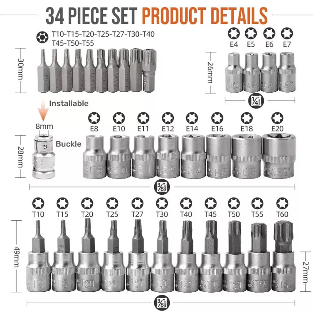 34Pcs Torx Star Sockets & Bit Set Male Female E-Security Bits - Jimmys Supplies