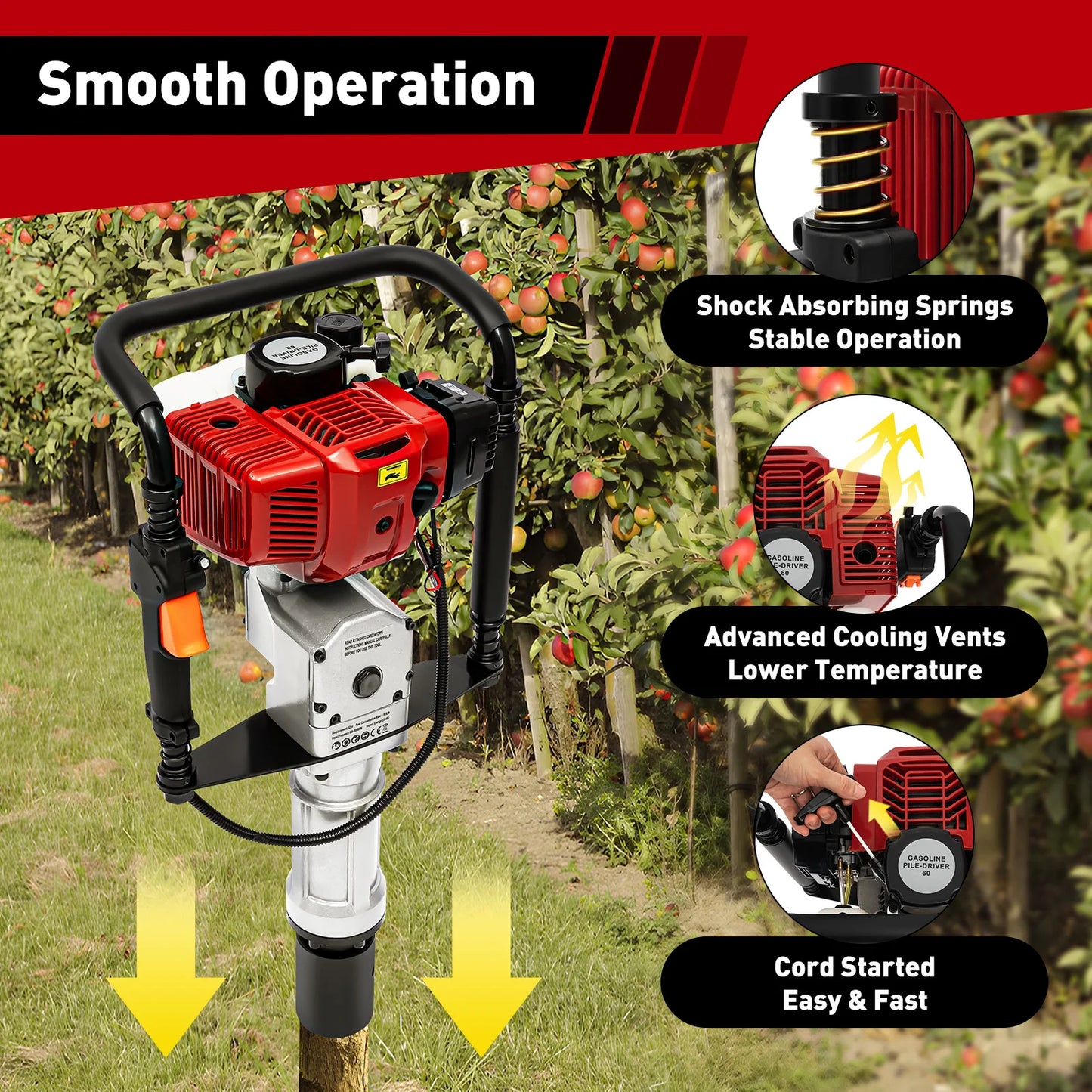 1900W Gasoline Pile Driver 52cc 2 Stroke Engine Post Driver Air Cooling Single-cylinder Petrol Garden Fencing Push Pile Tool