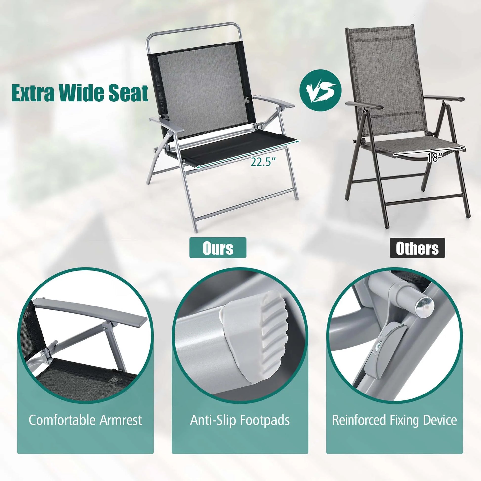 3pcs Patio Folding Table Chair Set Extra-Large Seat Metal Frame Portable Outdoor - Jimmys Supplies
