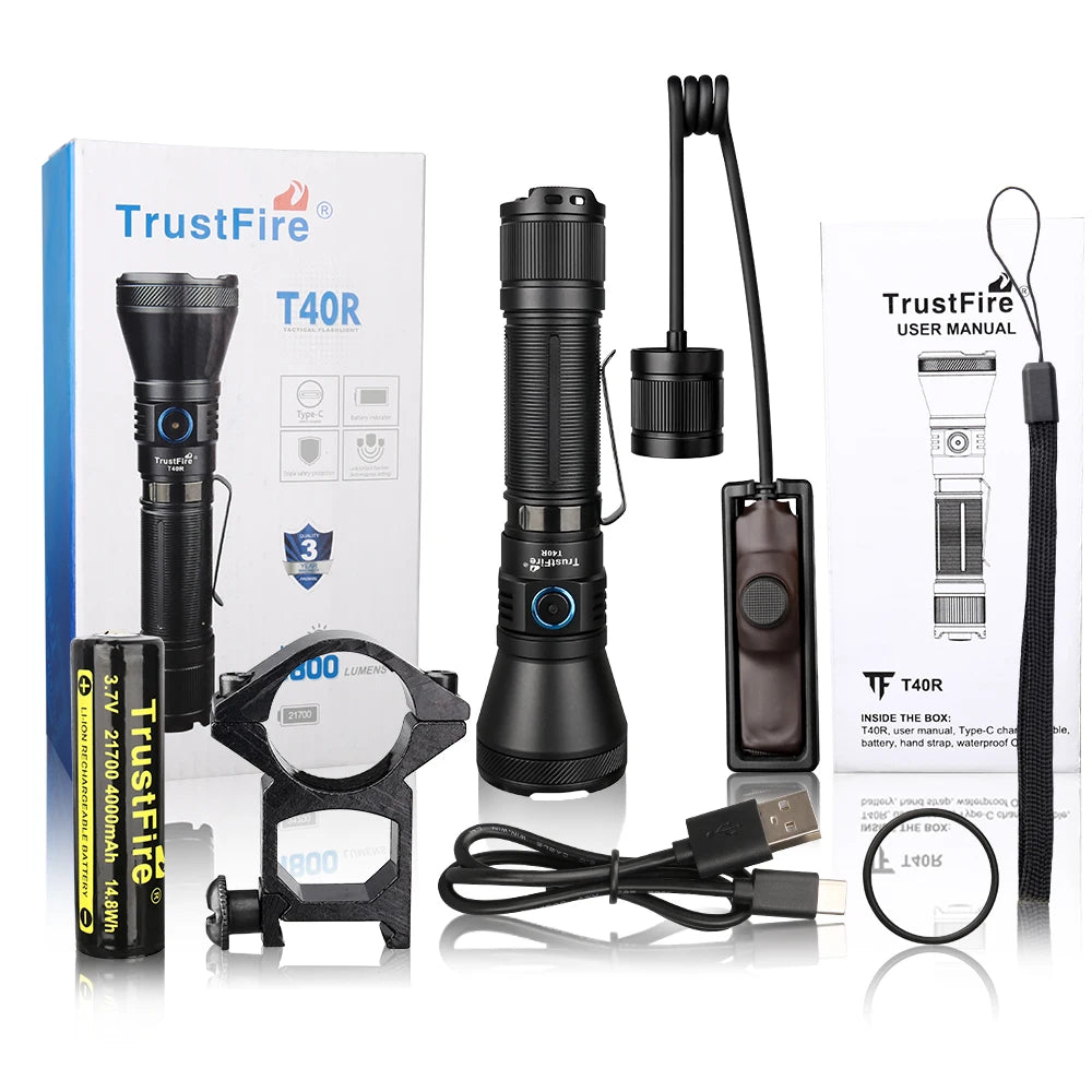 Trustfire T40R Army Tactical Led Flashlight 1800lumen 550meter Rechargeable 18650 Lamp With Usb Charging Self-Defense Ip68 Torch - Jimmys Supplies